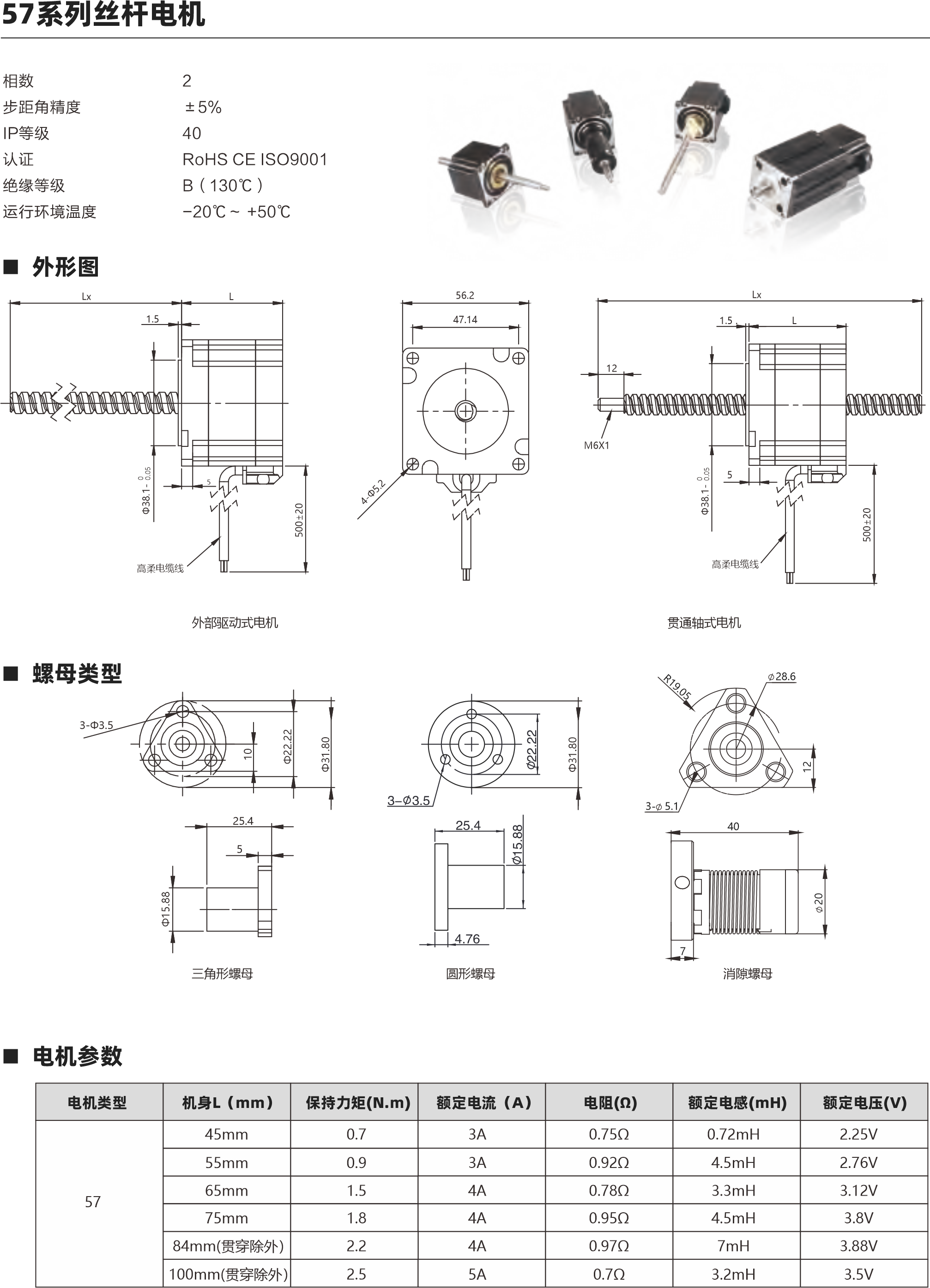 57系列絲桿電機(jī) 57系列絲桿電機(jī) 動態(tài)推力曲線圖 外形圖  相數(shù) 步距角精度 IP等級  認(rèn)證 絕緣等級 運(yùn)行環(huán)境溫度 2 ±5％ 40 RoHS CE ISO9001 B（130℃） -20℃～ +50℃ 螺母類型 電機(jī)參數(shù) 57 45mm 0.7 3A 0.75Ω 0.72mH 2.25V 3A 0.92Ω 4.5mH 2.76V 4A 0.78Ω 3.3mH 3.12V 電機(jī)類型 機(jī)身L（mm） 保持力矩(N.m) 額定電流（A） 電阻(Ω) 額定電感(mH) 額定電壓(V) 絲桿參數(shù) 0.375 0.635 0.025 0.003175 9.525 0.02-0.03mm 0.375 1.27 0.05 0.00635 9.525 0.02-0.03mm 0.375 1.5875 0.0625 0.0079375 9.525 0.02-0.03mm 0.375 2.1167 0.083 0.0105835 9.525 0.02-0.03mm 0.375 2.54 0.1 0.0127 9.525 0.02-0.03mm 0.375 3.175 0.125 0.015875 9.525 0.02-0.03mm 0.375 4.232 0.167 0.02116 9.525 0.02-0.03mm 0.375 5.08 0.2 0.0254 9.525 0.02-0.03mm 0.375 6.35 0.25 0.03175 9.525 0.02-0.03mm 0.375 9.525 0.375 0.047625 9.525 0.02-0.03mm 0.375 10.16 0.4 0.0508 9.525 0.02-0.03mm 0.375 12.7 0.5 0.0635 9.525 0.02-0.03mm 0.375 25.4 1 0.127 9.525 0.02-0.03mm 絲桿直徑(inch) 直徑(mm) 導(dǎo)程(mm) 導(dǎo)程(inch) 步長1.8°(°) 螺母軸向間隙 55mm 0.9 65mm 1.5 75mm 1.8 4A 0.95Ω 4.5mH 3.8V 4A 0.97Ω 7mH 3.88V 5A 0.7Ω 3.2mH 3.5V 2.2 84mm(貫穿除外） 100mm(貫穿除外） 2.5 25.4 5 3-Φ3.5 三角形螺母 外部驅(qū)動式電機(jī) 貫通軸式電機(jī) 57系列 45mm機(jī)身 速度與推力曲線 57系列 55mm機(jī)身 速度與推力曲線 脈沖pps 轉(zhuǎn)速rpm 200 60 400 120 600 180 800 240 1000 300 1200 360 1400 420 1600 480 1800 540 脈沖pps 轉(zhuǎn)速rpm 200 60 400 120 600 180 800 240 1000 300 1200 360 1400 420 1600 480 1800 540 1200 1000 800 600 400 200 0 1600 1400 1200 1000 800 600 400 200 0 1.27 2.54 5.08 10.16 25.4 1.27 2.54 5.08 10.16 25.4 1.5 Lx L 高柔電纜線 5 56.2 47.14 M6X1 Lx L 高柔電纜線 1.5 12 5 7 3- 5.1 28.6 40 圓形螺母 消隙螺母 57系列 75mm機(jī)身 速度與推力曲線 脈沖pps 轉(zhuǎn)速rpm 200 60 400 120 600 180 800 240 1000 300 1200 360 1400 420 1600 480 1800 540 2000 1600 1200 800 400 0 2.54 5.08 10.16 12.7 25.4 57系列 65mm機(jī)身 速度與推力曲線 脈沖pps 轉(zhuǎn)速rpm 200 60 400 120 600 180 800 240 1000 300 1200 360 1400 420 1600 480 1800 540 1600 1400 1200 1000 800 600 400 200 0 2.54 5.08 10.16 12.7 25.4 建議負(fù)載上限900N 建議負(fù)載上限900N 建議負(fù)載上限900N 建議負(fù)載上限900N 步進(jìn)直線傳動產(chǎn)品制造商 Linear stepper motor provider 步進(jìn)直線傳動產(chǎn)品制造商 Linear stepper motor provider 以上曲線是有雙極性 斬波恒流驅(qū)動 100%工作電流40Vdc條件進(jìn)行測試。